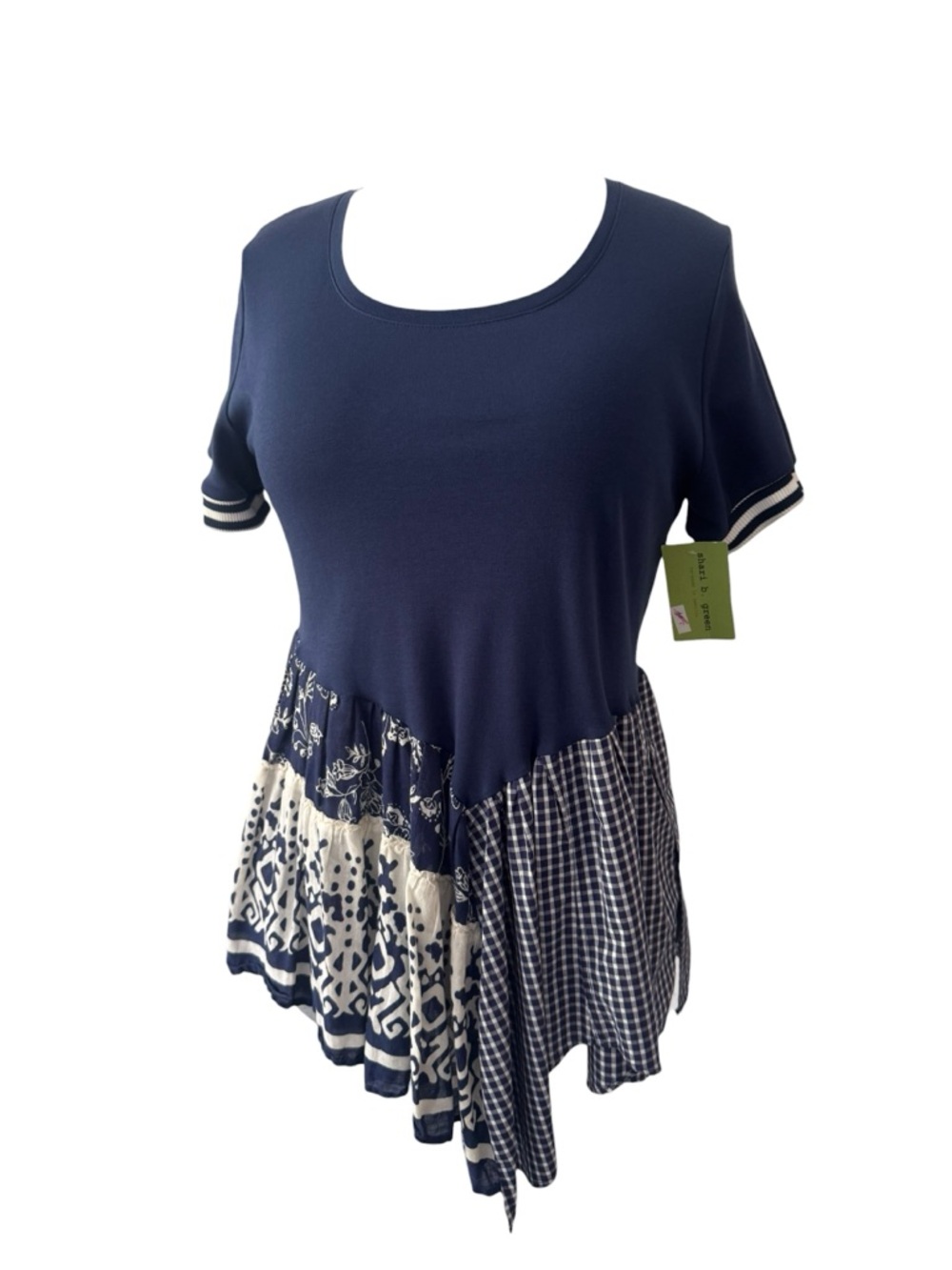 Shari B. Green Navy Mixed-Media Short Sleeve Swing Top or Mini Tunic Dress Sz: M